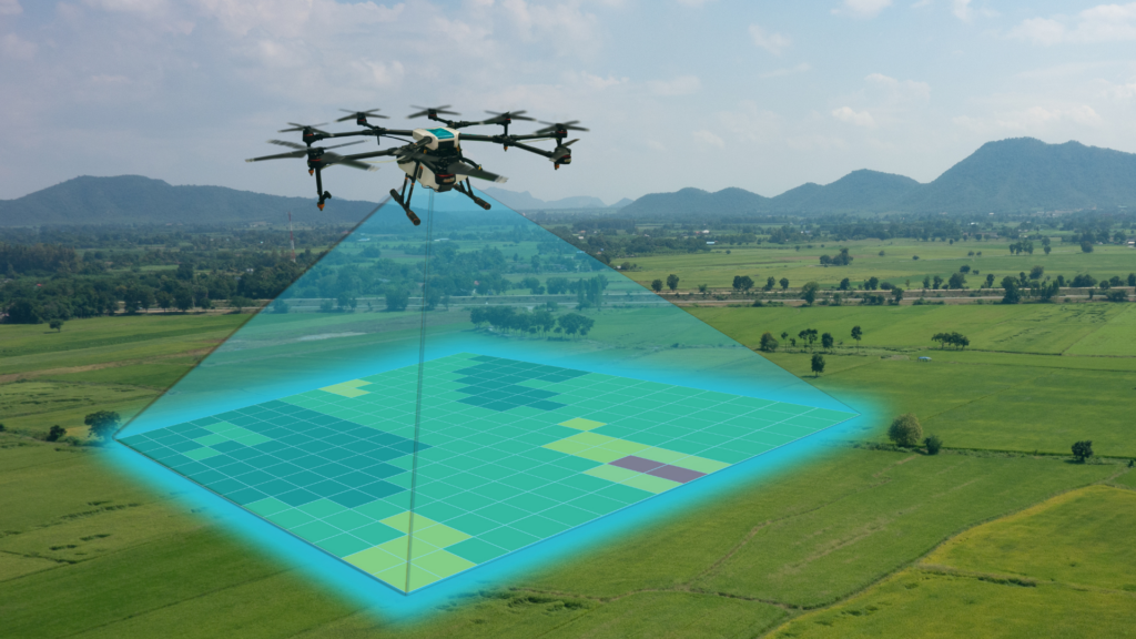 Drone fazendo mapeamento de uma área agrícola
