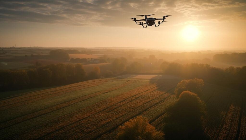 Drone voando no por do sol em um campo aberto