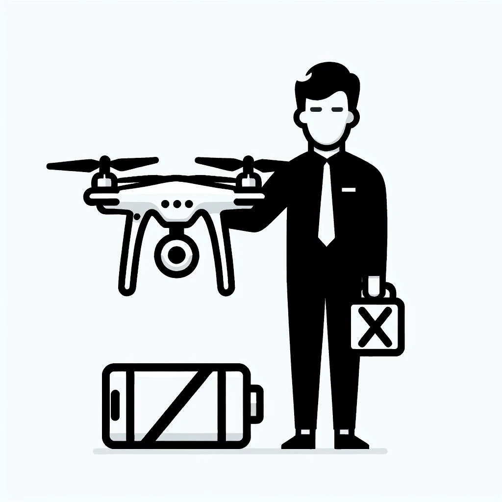 Homem com terno segurando um drone sem bateria