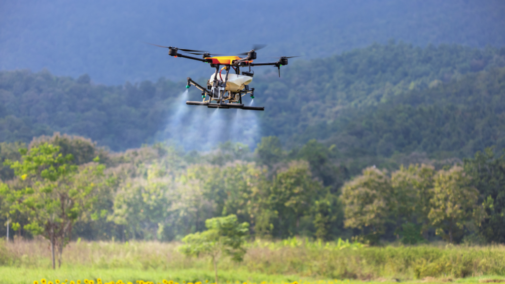 Drone pulverizando plantação